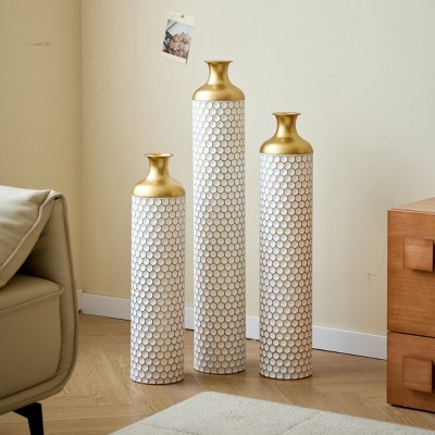 FURNIinspire Decorative Vases 3 Piece Floor Metal Vase Modern Decoration Home Droplet Shaped Large Glazed Metal Vase, White, 5.9"*5.9"*33.4"