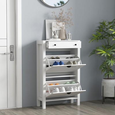 White Wood Shoe Storage Cabinet with Flip Drawers and Top Drawer