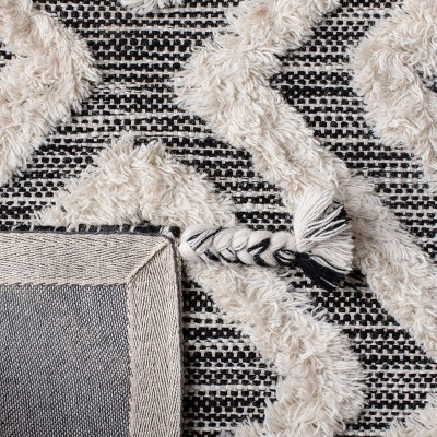 Ivory and Black Hand-Knotted Tribal Wool Square Area Rug, 4' x 6'