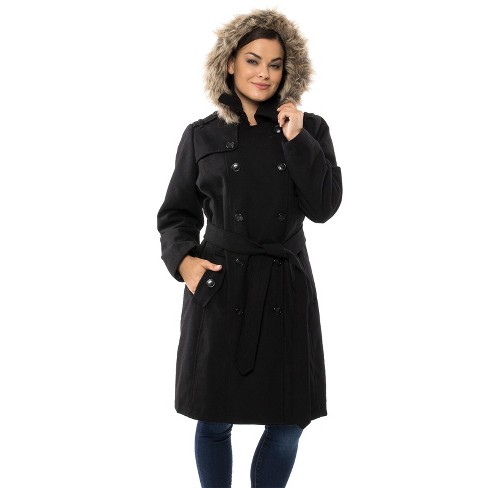 Black coat with fur hood and belt hot sale