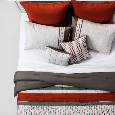 8pc Queen Brecken Geo Embroidered Comforter Set - Red/Gray