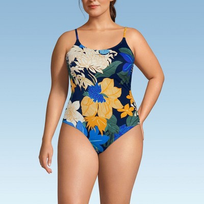 Lands' End Women's Chlorine Resistant Scoop Neck High Leg Tugless Tank Thin Strap One Piece Swimsuit Adjustable