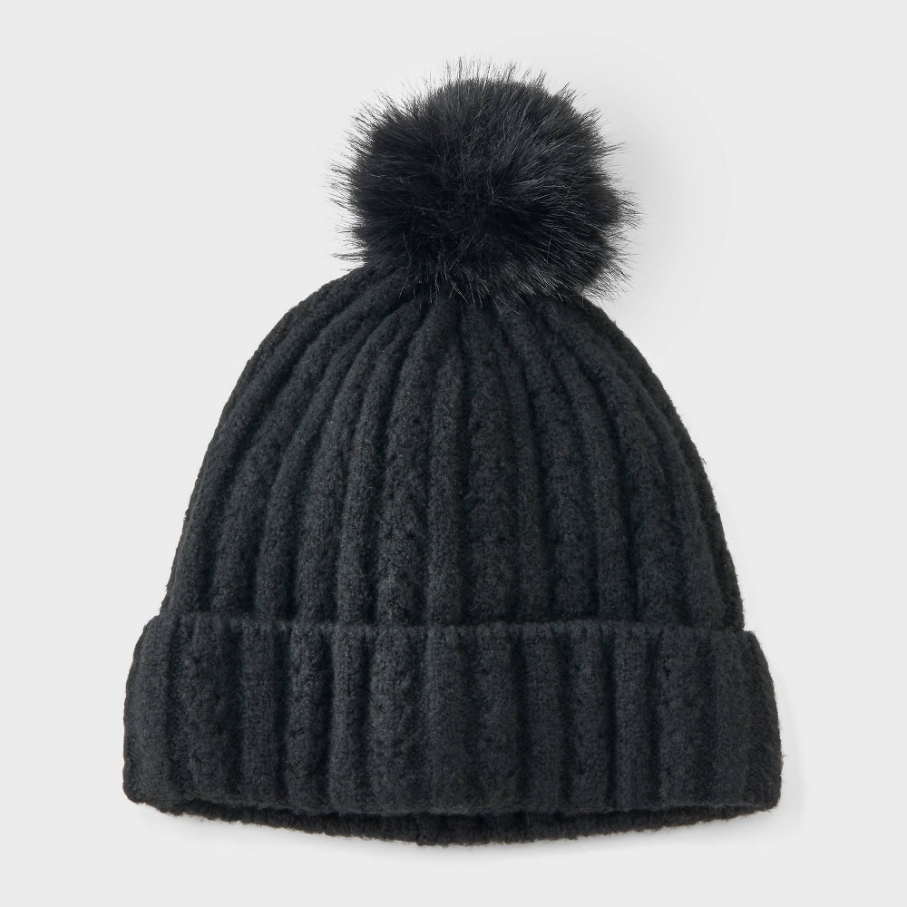 Girls' Pointelle Pom Knit Beanie Hat - Cat & Jack™ Black