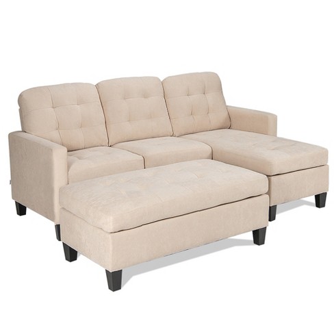 Costway Reversible Sectional Sofa Couch L Shaped Linen Sleeper W Ottoman Grey Beige Coffee Target