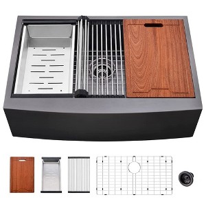 33in L X 22in W Farmhouse Kitchen Sink Matte Black Stainless Steel 33 in.Single Bowl Farmhouse Apron Workstation Kitchen Sink with Accessory Kit - 1 of 4