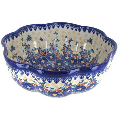 Blue Rose Polish Pottery Blue Dahlia Large Scallop Bowl