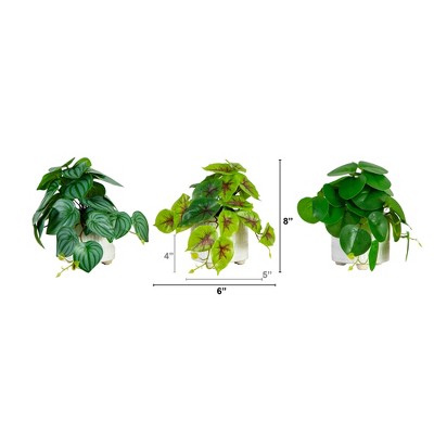 Set of Three 8-inch Green and White Plastic Potted Plants