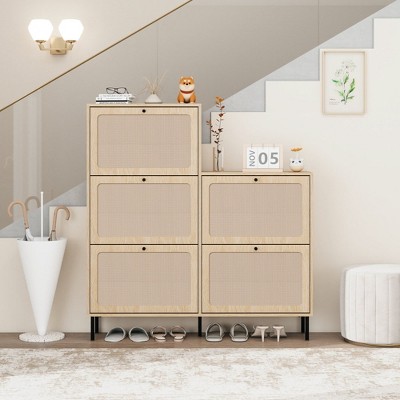 RISOKEYS 4 Drawers Rattan Shoe Storage Cabinet with 4 Flip Drawers,Narrow Wooden Shoe Rack Cabinet for Entryway,with Caning Doors for Hallway