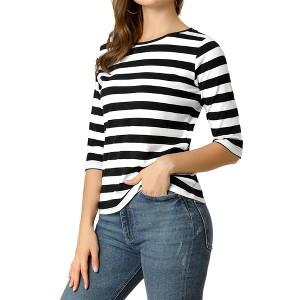 INSPIRE CHIC Women's Elbow Sleeves Boat Slim Fit Casual Stripe Animal Print Multi Floral Pattern T-Shirt - 1 of 4