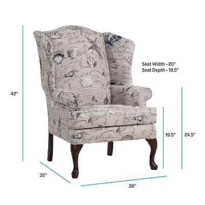 Oceanside Gray Coastal Patterned Wing Back Accent Chair