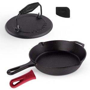 Cuisinel Cast Iron Skillet Grill Press Set - 10" Fry Pan, Silicone Grip & 7" Burger Smasher, Pre-Seasoned, Oven, Stove, Grill, Indoor/Outdoor Cooking - 1 of 4