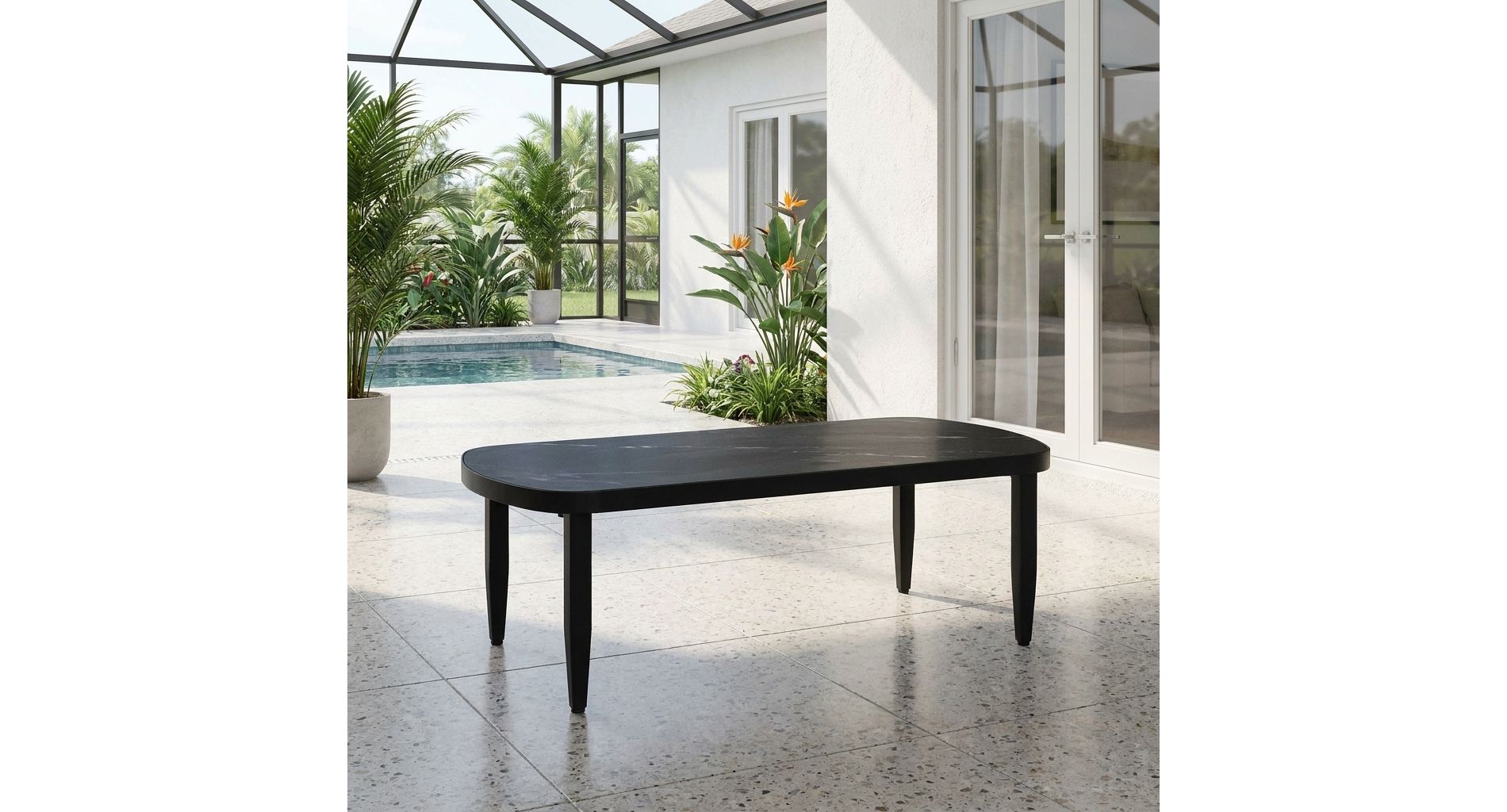 47.2"x23.6" Outdoor Coffee Table with Black Marble-Look Sintered Stone Top, Rust-Free Aluminum Frame, for Patio Poolside
