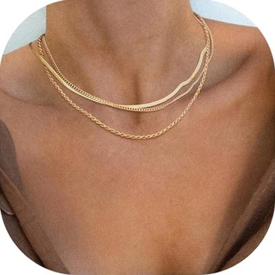 Attop 14K Gold Plated Multi-Layer Necklace Snake Chain Necklace Women's Herringbone Choker Jewelry Gifts for Women