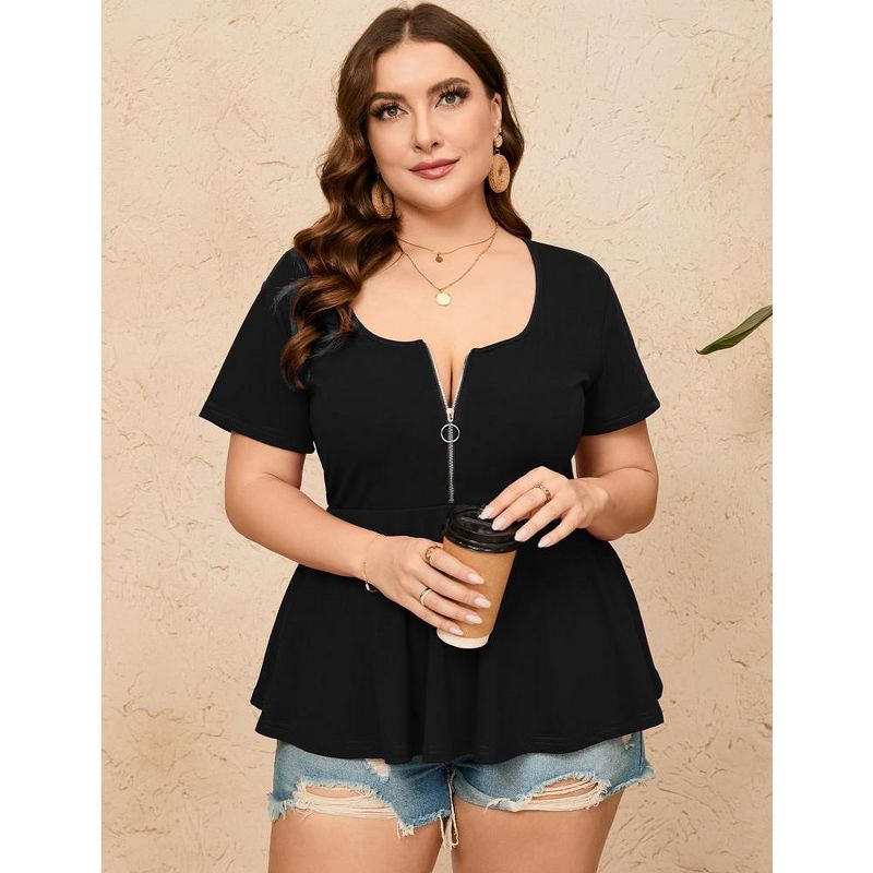 Whizmax Women Plus Size Sexy Half Zipper T-shirt Dressy Blouses Short Sleeve Babydoll Peplum Summer Tops, 4 of 8