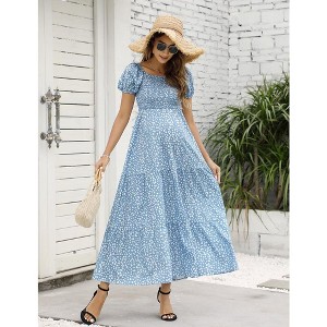 Women's Casual Off the Shoulder Smocked Tiered Dress Puff Sleeve Ruffle Maxi Dress - 1 of 1