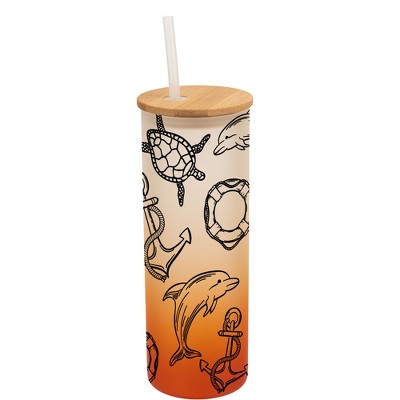 Elanze Designs Ocean Life Sea Turtle Dolphin Sailboat Wrap-Around Design 25 Ounce Frosted Gradient Glass On-The-Go Coffee Travel Skinny Tumbler Mug