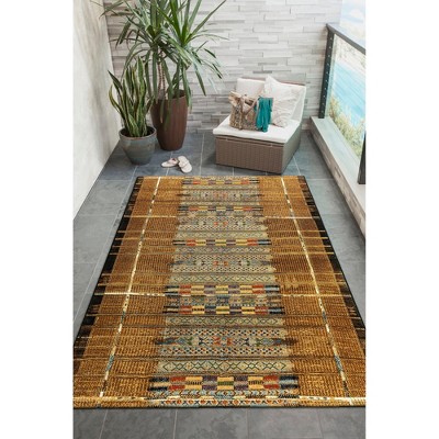 Tribal Stripe Gold Synthetic Round Indoor/Outdoor Rug