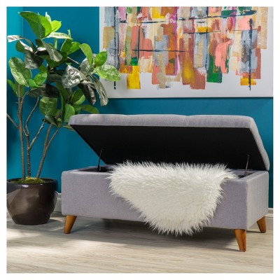 Light Grey Fabric Storage Ottoman with Birch Legs