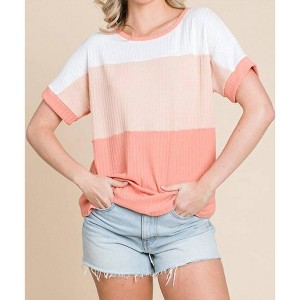 Women's Crew Neck Short Sleeve Stitched Ribbing Wide Stripes Shirt - BOMBOM - 1 of 1