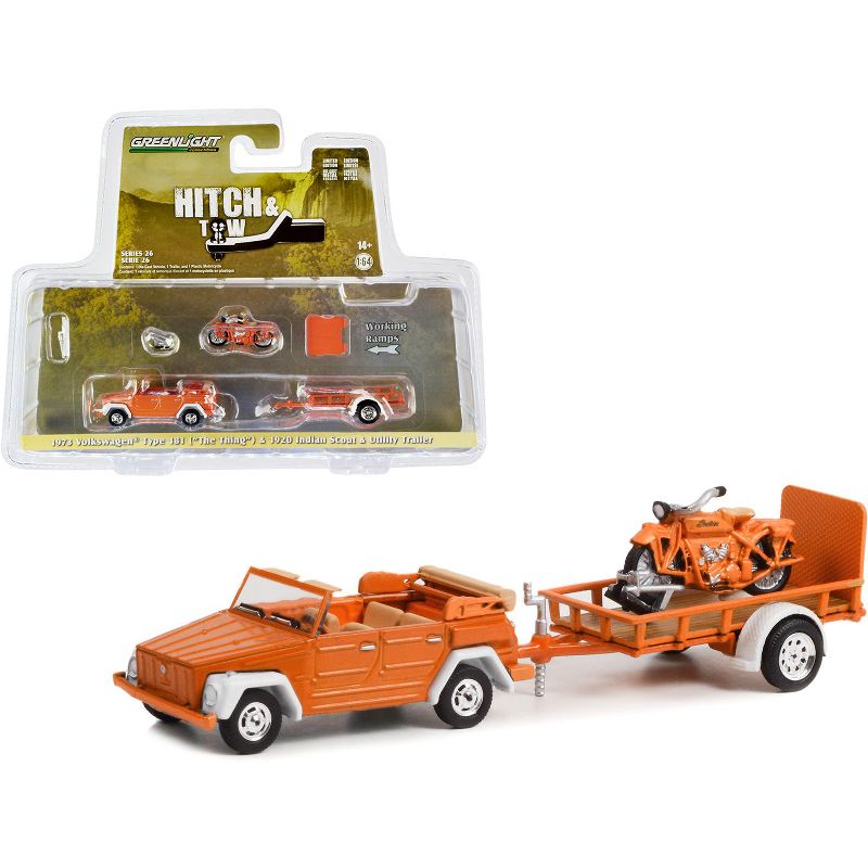 1973 Volkswagen Thing Convertible Orange and 1920 Indian Scout Motorcycle Orange w/Trailer 1/64 Diecast Model Car by Greenlight, 1 of 4