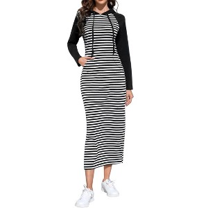 Women Stripe Pocket Knee Length Slim Casual Pullover Hoodie Maxi Dress Long Sleeve Drawstring Sweatshirt Dresses - 1 of 4