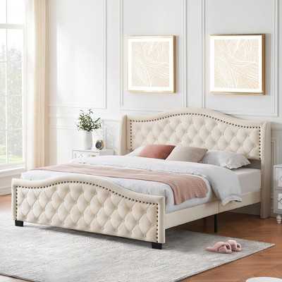 King Size Bed Frame, King Platform Bed Frame with Upholstered Headboard, Durable Wooden Slats, Sturdy Framework, Noise Free Sleep, Beige