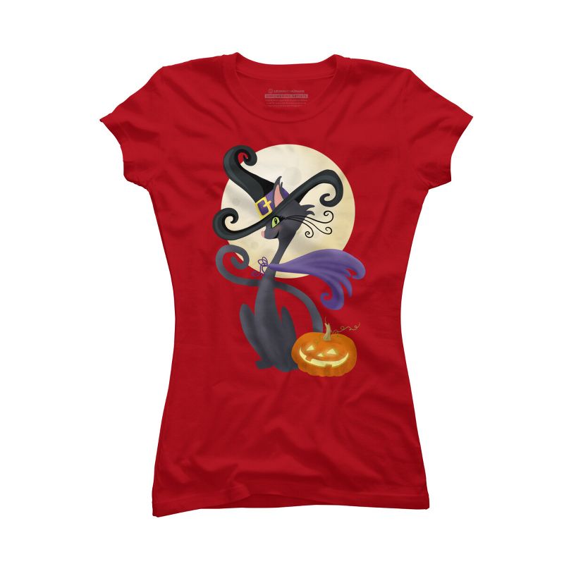 Junior's Design By Humans Bewitching Black Halloween Kitty Cat By LittleBunnySunshine T-Shirt, 1 of 4