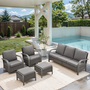POCASSY 5PCS Outdoor Patio Furniture Set All-Weather Wicker Couch with Patio Swivel Rocking Outdoor Chairs and Ottomans, Patio Sofa Set for Backyard - 1 of 4