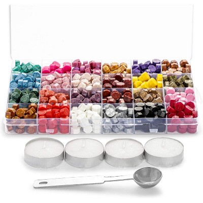 600PCS Sealing Wax Beads Packed in Plastic Box, with 4 Tea Candles and 1 Melting Spoon for Wax Sealing Stamp (24 Colors)