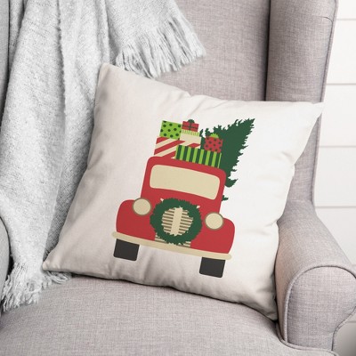 Vintage Christmas Truck Red and Green 16" Square Throw Pillow
