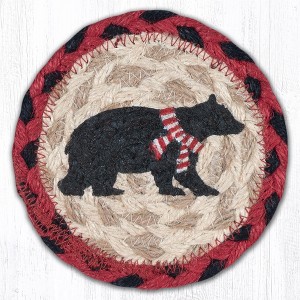 Earth Rugs Bear Printed Coaster – Red Stripe Scarf Design, Braided Jute, Rustic Cabin Style, 5"x5" - 1 of 2