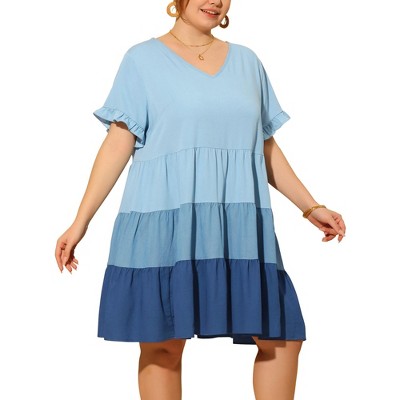 Agnes Orinda Women's Plus Size Color Block Ruffle Short Sleeve Flowy Chambray Mini Babydoll Dress