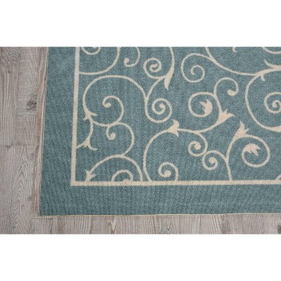 Light Blue Floral Square Easy-Care Indoor/Outdoor Area Rug