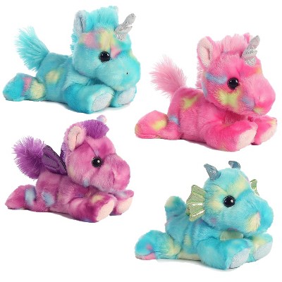 Aurora Bright Fancies Beanbag Plush Set of 4: Pegasus, Blueberryripple & Jellyroll Unicorns, Dragon, 7", Ages 3+