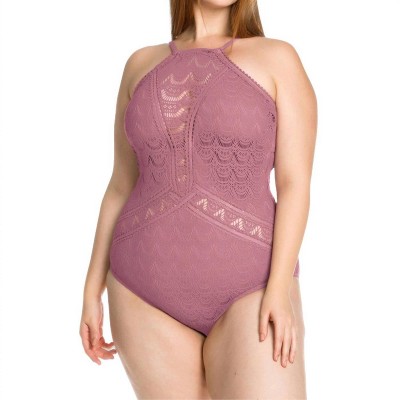 Women's Color Play Lace High Neck One Piece Swimsuit - Plus - BECCA