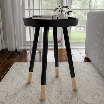 Hastings Home Round End Table – Wooden Stand with Tray Top, Black