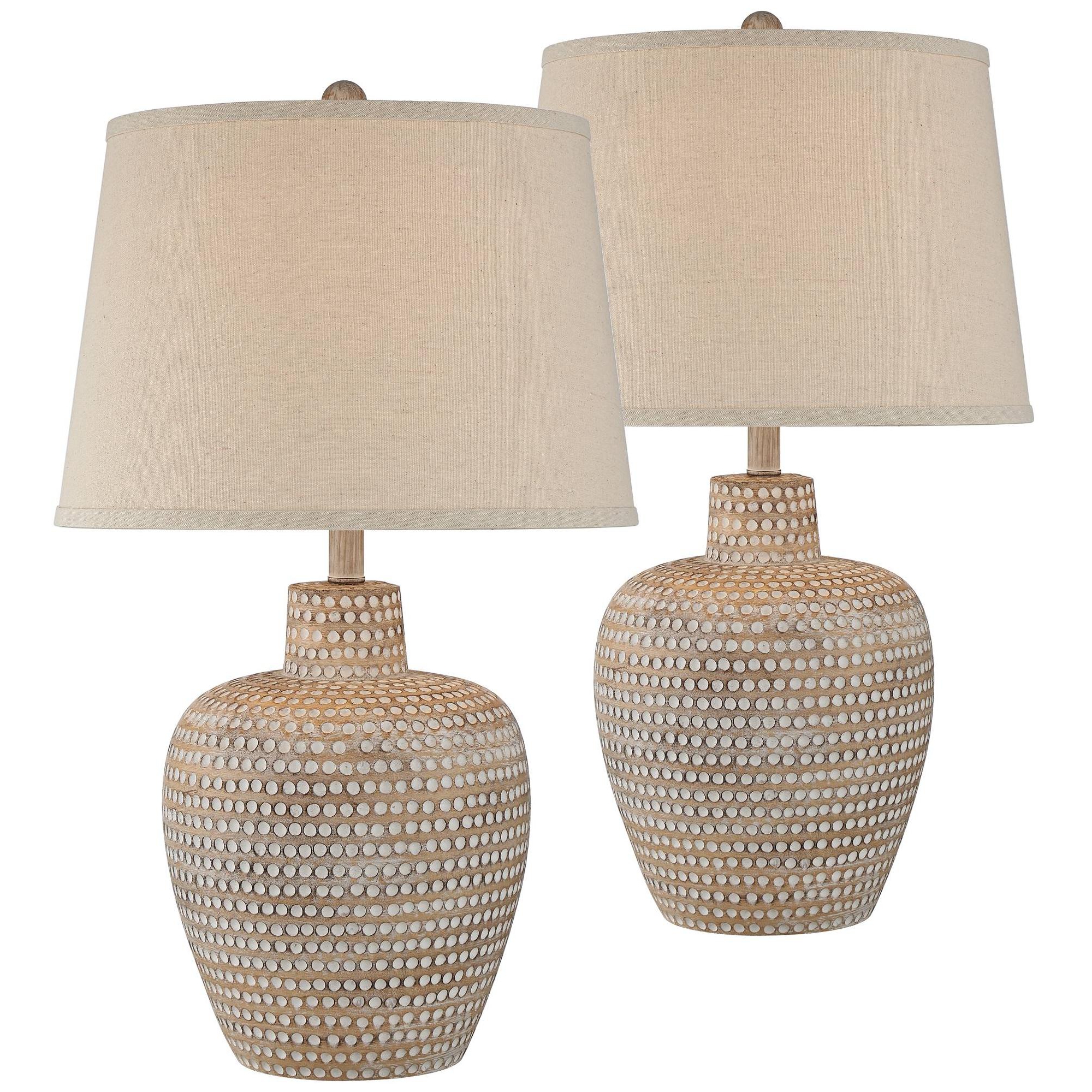 Regency Hill Glenn Rustic Farmhouse Table Lamps 27" Tall Set of 2 Dappled Sandy Beige Oatmeal Fabric Drum Shade for Bedroom Living Room Bedside Office