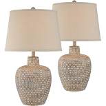 Regency Hill Glenn Rustic Farmhouse Table Lamps 27" Tall Set of 2 Dappled Sandy Beige Oatmeal Fabric Drum Shade for Bedroom Living Room Bedside Office