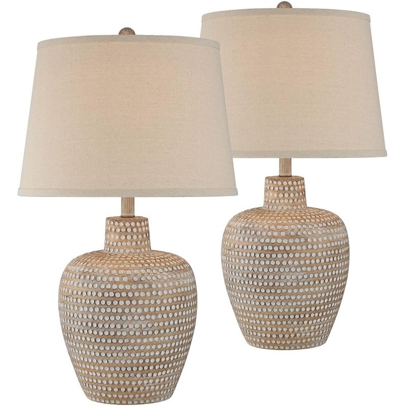 Regency Hill Glenn Rustic Farmhouse Table Lamps 27" Tall Set of 2 Dappled Sandy Beige Oatmeal Fabric Drum Shade for Bedroom Living Room Bedside Office, 1 of 8
