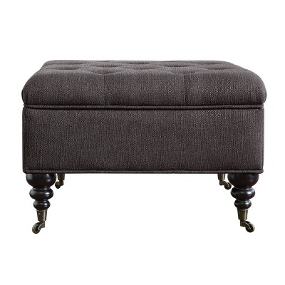 Charcoal Tufted Storage Ottoman with Turned Wood Legs
