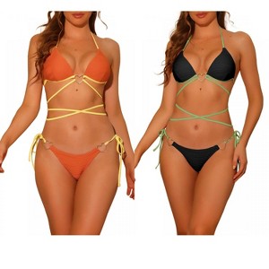 Elerevyo Women's Heart Ring Halter Contrast Color Lace Up Ribbed Swimwear Bathing Suits 2 Sets - 1 of 4