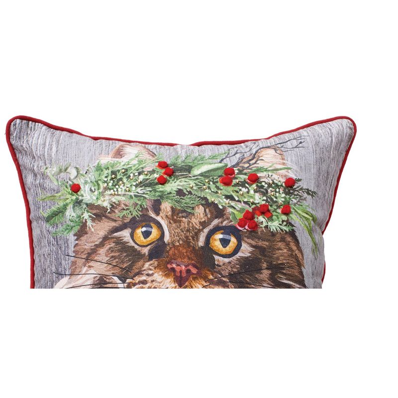 C&F Home 18" x 18" Cat Wearing Holly Berry Flower Crown Printed & Embellished Throw Accent Pillow, 2 of 6