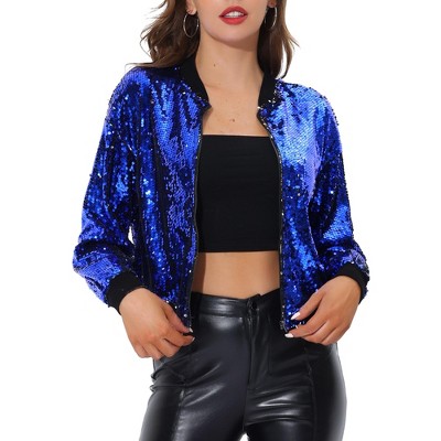 INSPIRE CHIC Women's Party Sequin Sparkle Long Sleeve Cropped Length Zipper Bomber Jacket