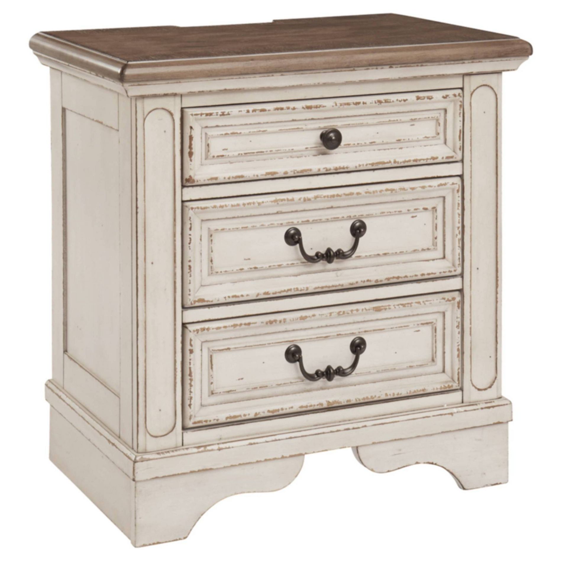Signature Design by Ashley Realyn Three Drawer Nightstand Chipped White : With USB Port & Cable Management