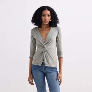 Reistor Womens Twist Front Knit Shirt in Light Olive - 1 of 4