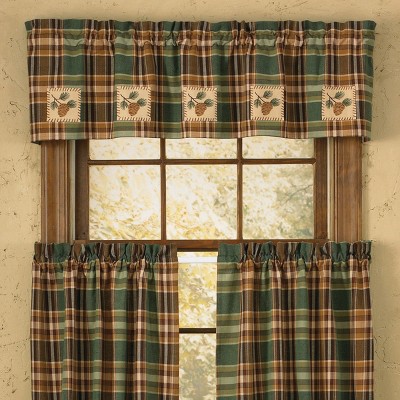 Green and Brown Plaid Cotton Valance with Pinecone Patches