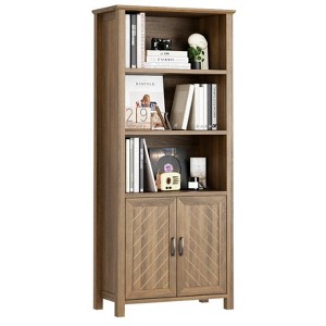 Walnut V-Groove 2-Door 3-Tier Bookshelf for Study - 1 of 2