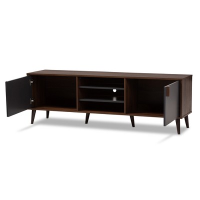 Samuel Walnut Brown and Dark Gray Mid-Century TV Stand with Cabinets
