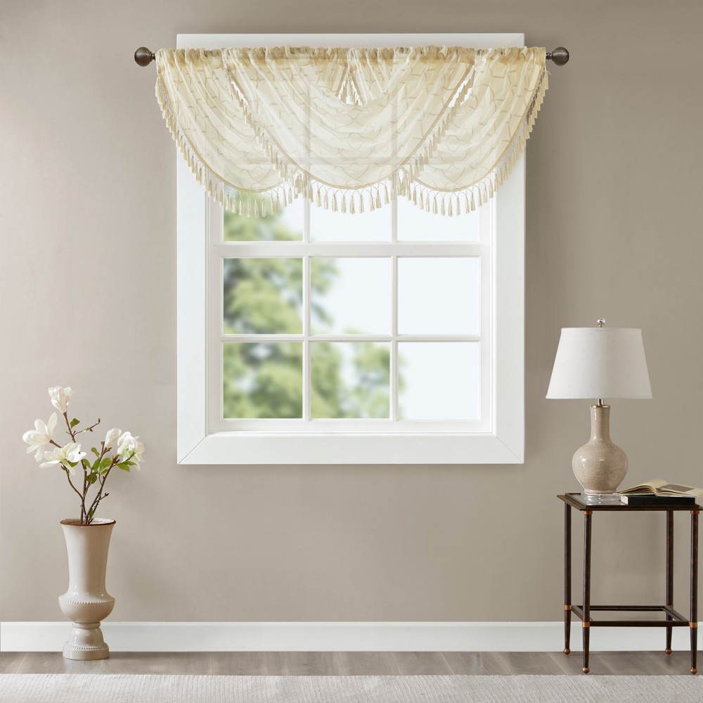 38"x46" Clarissa Diamond Sheer Embroidered Waterfall Valance Ivory: Madison Park, Polyester, Rod Pocket, Window Valance