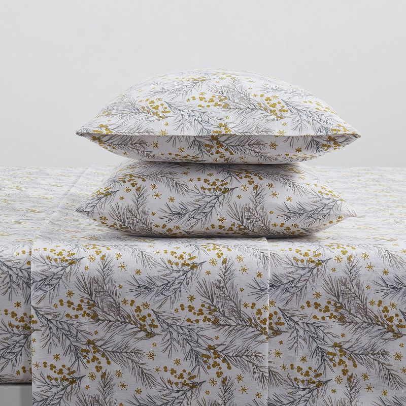 Kate Aurora Holiday Essentials Cozy Bed Collection Deep Pocket 100% Cotton Flannel Christmas Gold Pines 4 Piece Sheet Set, 1 of 3